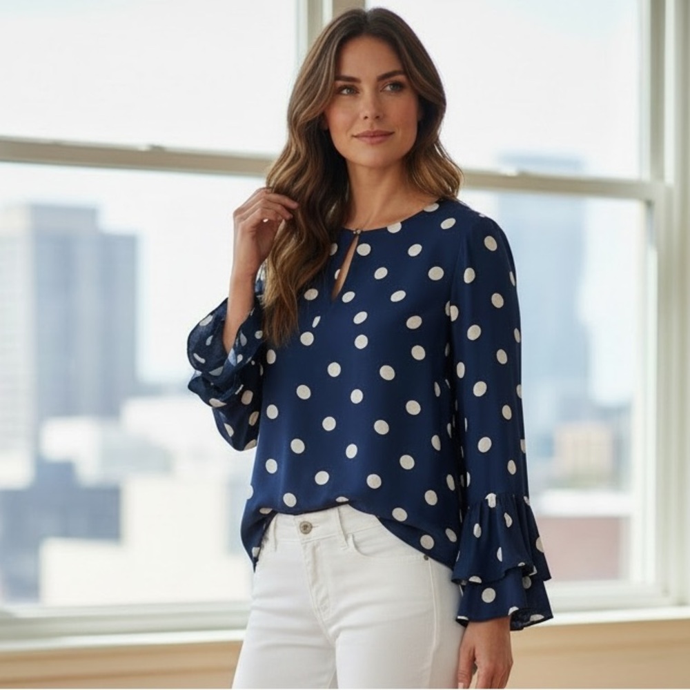 Sail to Sable Polka Dot Ruffle Sleeve Blouse Large